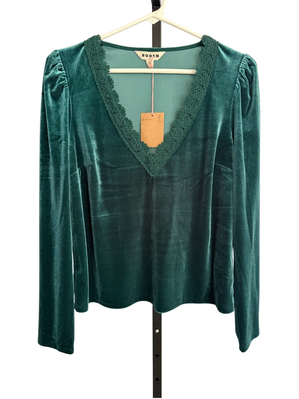 Boden Flora V-Neck Velvet Long-Sleeve Top Size 6 Lace Trim Puff Shoulders